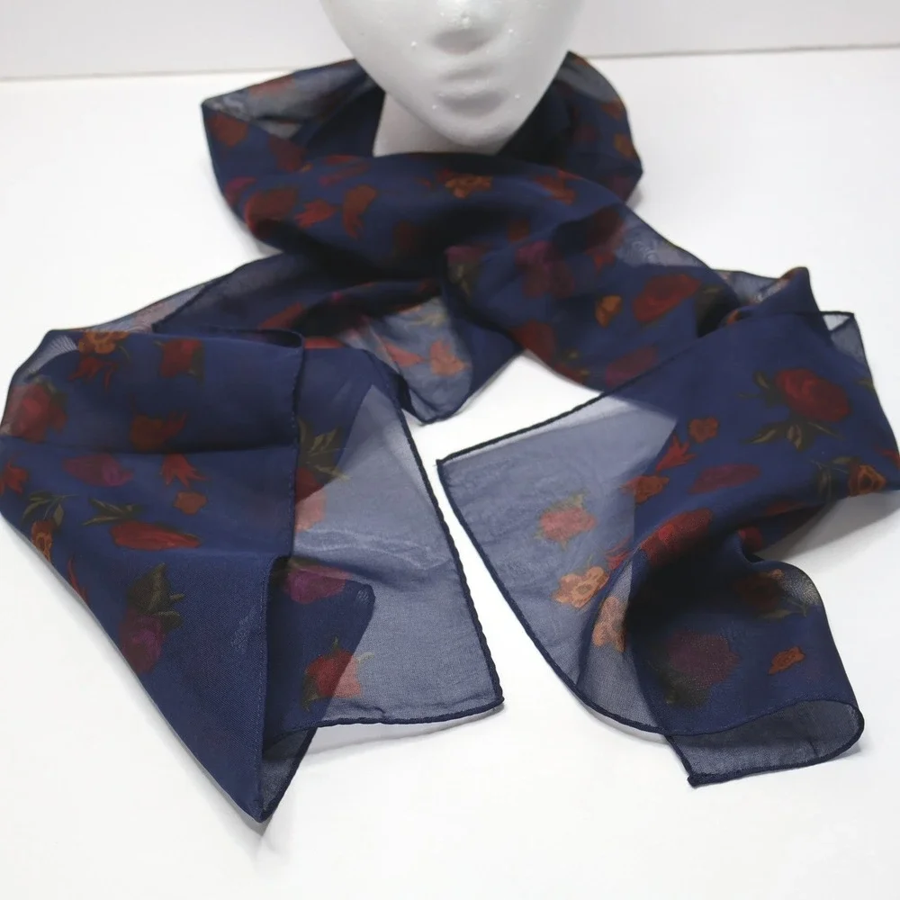 VTG Navy Blue Sheer Floral Rectangle Scarf Red Orange Rose‎ Print Dark Romantic